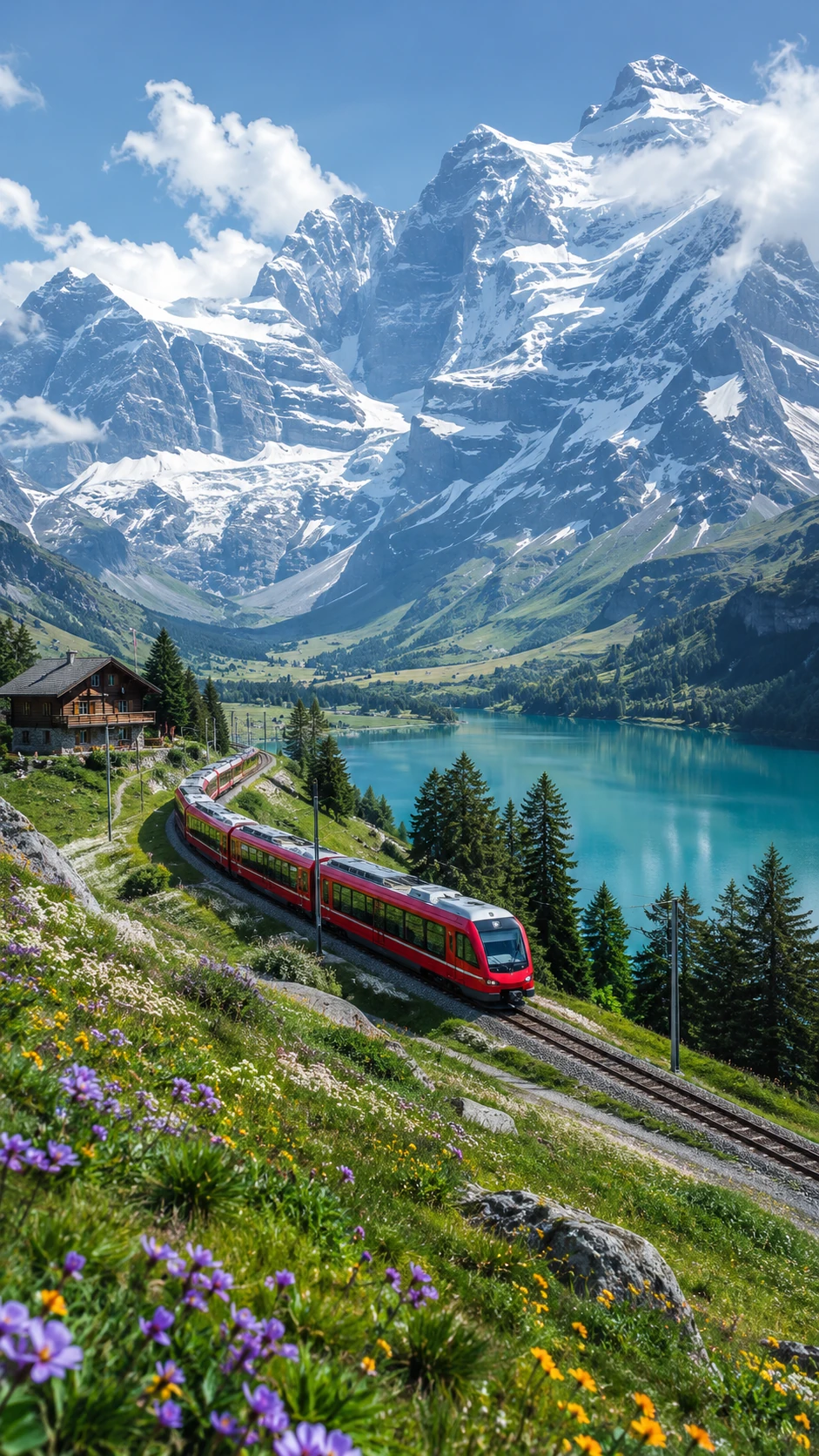 Schweizer Alpenlandschaft mit Gletscher, Bergsee und Panoramazug