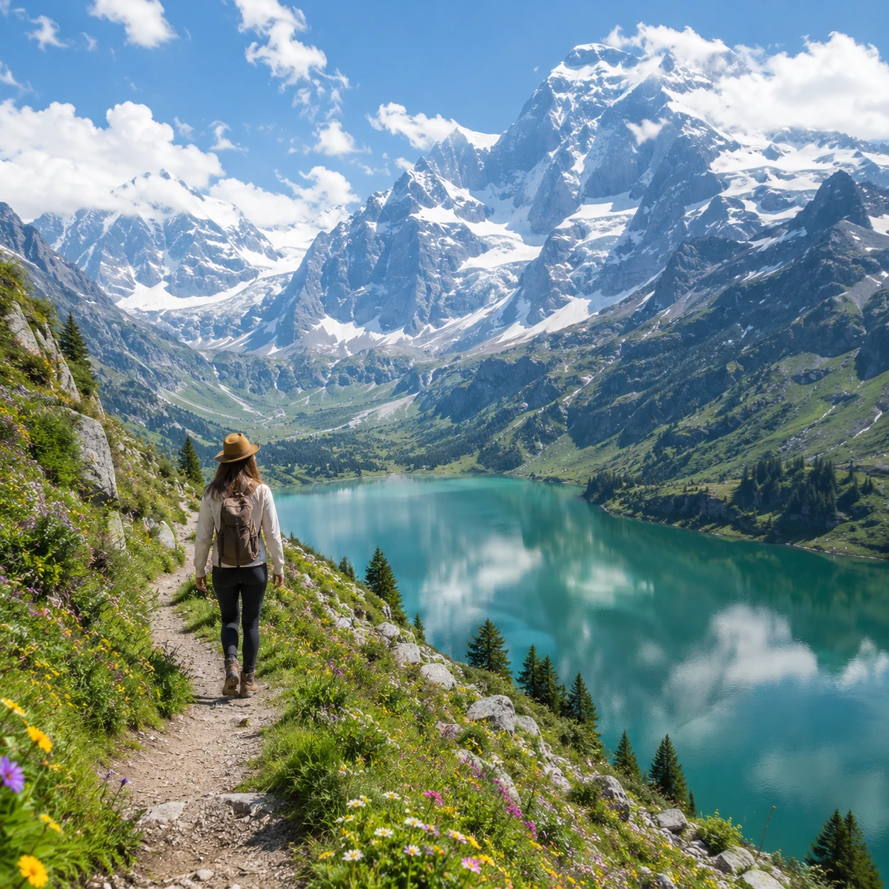 Alpine Wanderroute über einem klaren Schweizer Bergsee